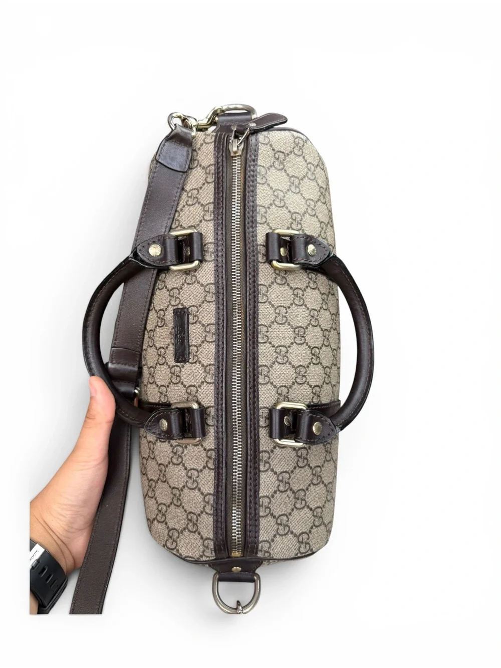 Gucci Brown GG Canvas Duffel with Dark Brown Leather Trim with long strap
